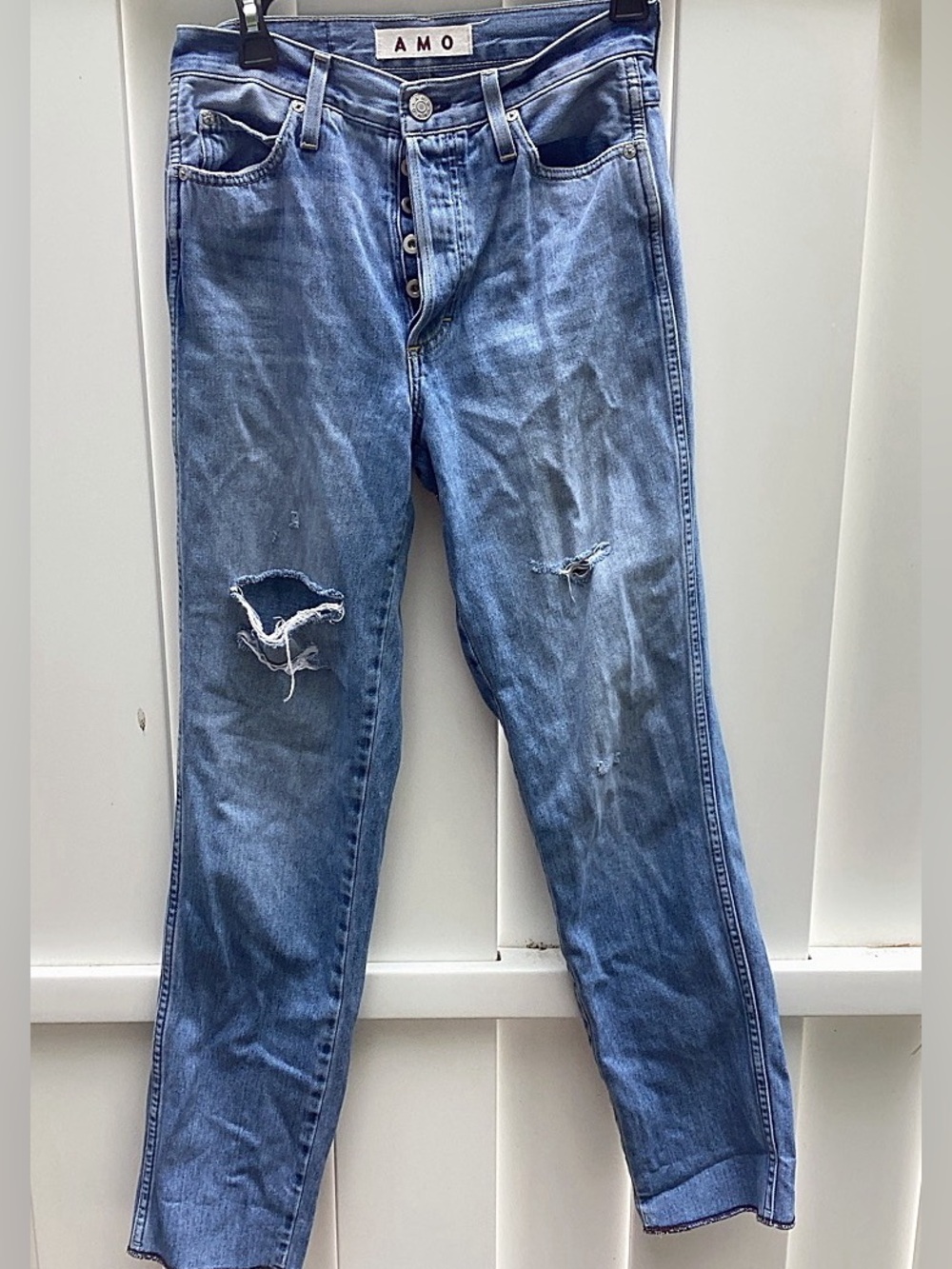 AMO Roller High Rise Relaxed Tapered Jeans 25 Distressed Button Fly Raw Hem
